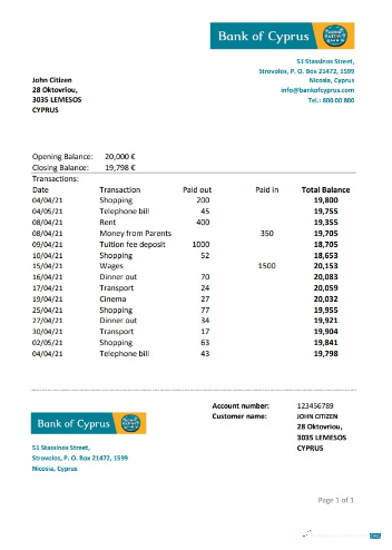 Download Cyprus Bank of Cyprus bank statement excel Photoshop template